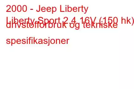 2000 - Jeep Liberty
Liberty Sport 2.4 16V (150 hk) drivstofforbruk og tekniske spesifikasjoner