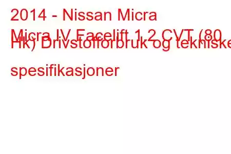 2014 - Nissan Micra
Micra IV Facelift 1.2 CVT (80 Hk) Drivstofforbruk og tekniske spesifikasjoner