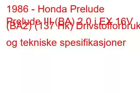 1986 - Honda Prelude
Prelude III (BA) 2.0 i EX 16V (BA2) (137 Hk) Drivstofforbruk og tekniske spesifikasjoner