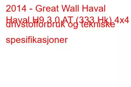 2014 - Great Wall Haval
Haval H9 3.0 AT (333 Hk) 4x4 drivstofforbruk og tekniske spesifikasjoner