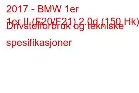 2017 - BMW 1er
1er II (F20/F21) 2.0d (150 Hk) Drivstofforbruk og tekniske spesifikasjoner