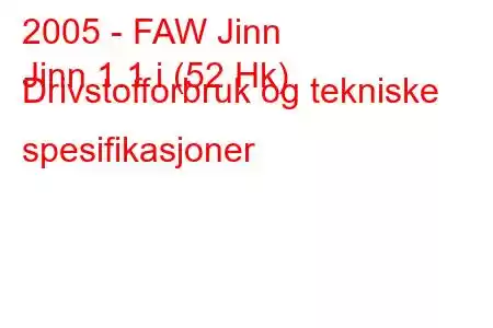 2005 - FAW Jinn
Jinn 1.1 i (52 Hk) Drivstofforbruk og tekniske spesifikasjoner