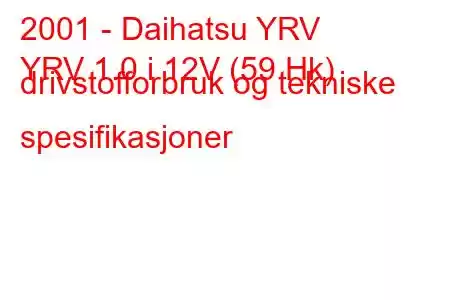 2001 - Daihatsu YRV
YRV 1.0 i 12V (59 Hk) drivstofforbruk og tekniske spesifikasjoner