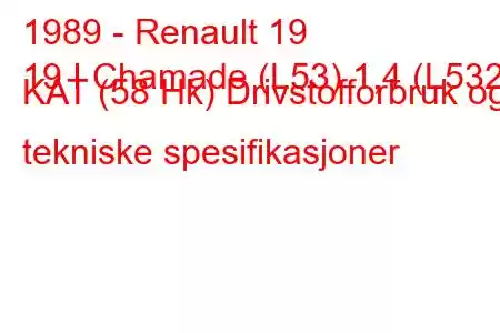 1989 - Renault 19
19 I Chamade (L53) 1,4 (L532) KAT (58 Hk) Drivstofforbruk og tekniske spesifikasjoner