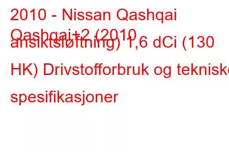 2010 - Nissan Qashqai
Qashqai+2 (2010 ansiktsløftning) 1,6 dCi (130 HK) Drivstofforbruk og tekniske spesifikasjoner