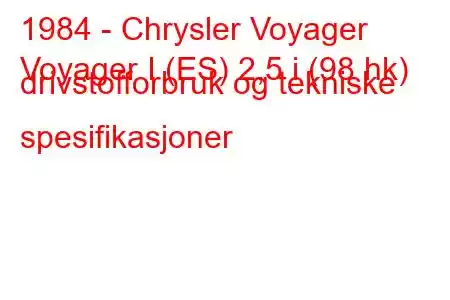 1984 - Chrysler Voyager
Voyager I (ES) 2,5 i (98 hk) drivstofforbruk og tekniske spesifikasjoner