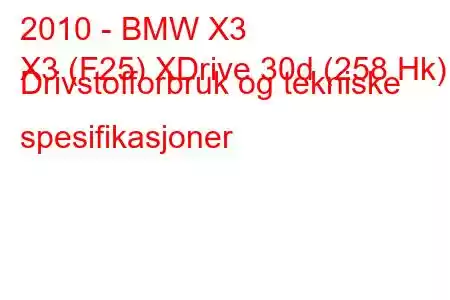 2010 - BMW X3
X3 (F25) XDrive 30d (258 Hk) Drivstofforbruk og tekniske spesifikasjoner