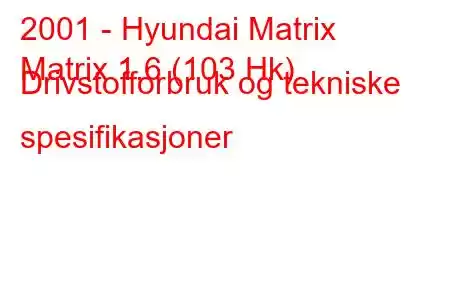 2001 - Hyundai Matrix
Matrix 1.6 (103 Hk) Drivstofforbruk og tekniske spesifikasjoner