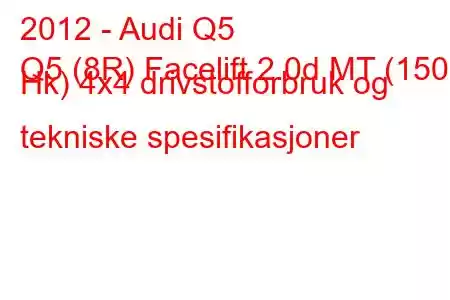 2012 - Audi Q5
Q5 (8R) Facelift 2.0d MT (150 Hk) 4x4 drivstofforbruk og tekniske spesifikasjoner