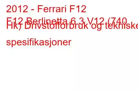 2012 - Ferrari F12
F12 Berlinetta 6.3 V12 (740 Hk) Drivstofforbruk og tekniske spesifikasjoner