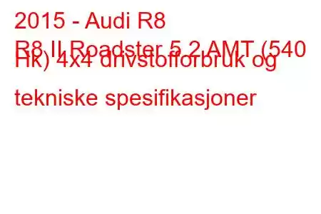 2015 - Audi R8
R8 II Roadster 5.2 AMT (540 Hk) 4x4 drivstofforbruk og tekniske spesifikasjoner