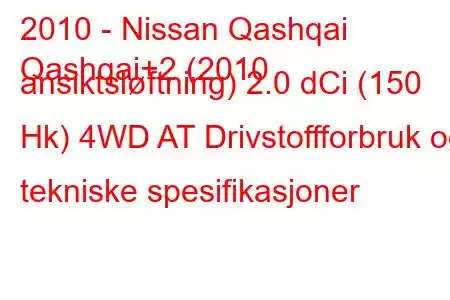 2010 - Nissan Qashqai
Qashqai+2 (2010 ansiktsløftning) 2.0 dCi (150 Hk) 4WD AT Drivstoffforbruk og tekniske spesifikasjoner