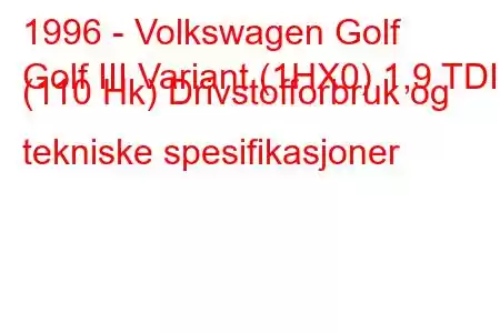 1996 - Volkswagen Golf
Golf III Variant (1HX0) 1,9 TDI (110 Hk) Drivstofforbruk og tekniske spesifikasjoner