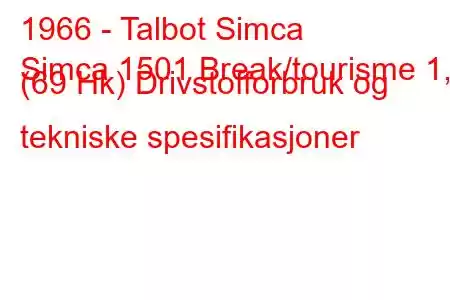 1966 - Talbot Simca
Simca 1501 Break/tourisme 1,5 (69 Hk) Drivstofforbruk og tekniske spesifikasjoner