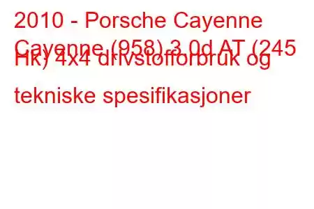 2010 - Porsche Cayenne
Cayenne (958) 3.0d AT (245 Hk) 4x4 drivstofforbruk og tekniske spesifikasjoner