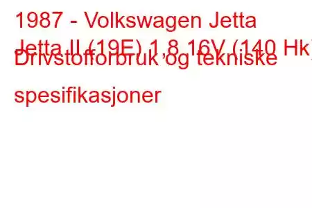 1987 - Volkswagen Jetta
Jetta II (19E) 1,8 16V (140 Hk) Drivstofforbruk og tekniske spesifikasjoner