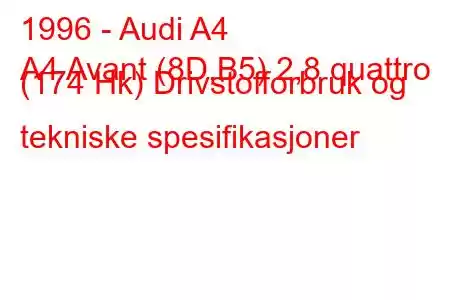 1996 - Audi A4
A4 Avant (8D,B5) 2,8 quattro (174 Hk) Drivstofforbruk og tekniske spesifikasjoner