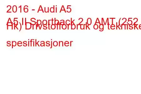 2016 - Audi A5
A5 II Sportback 2.0 AMT (252 Hk) Drivstofforbruk og tekniske spesifikasjoner