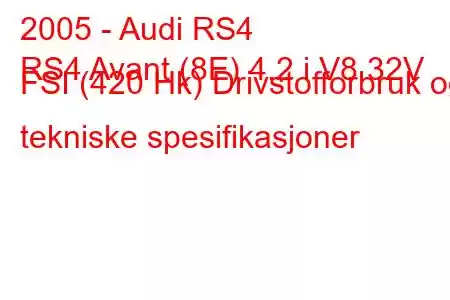 2005 - Audi RS4
RS4 Avant (8E) 4.2 i V8 32V FSI (420 Hk) Drivstofforbruk og tekniske spesifikasjoner