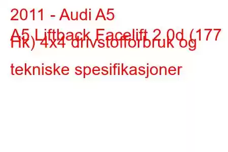 2011 - Audi A5
A5 Liftback Facelift 2.0d (177 Hk) 4x4 drivstofforbruk og tekniske spesifikasjoner