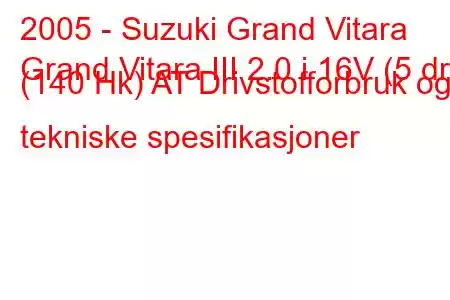 2005 - Suzuki Grand Vitara
Grand Vitara III 2.0 i 16V (5 dr) (140 Hk) AT Drivstofforbruk og tekniske spesifikasjoner