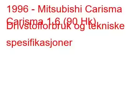 1996 - Mitsubishi Carisma
Carisma 1.6 (90 Hk) Drivstofforbruk og tekniske spesifikasjoner