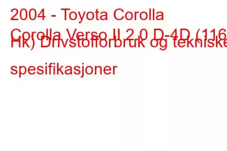 2004 - Toyota Corolla
Corolla Verso II 2.0 D-4D (116 Hk) Drivstofforbruk og tekniske spesifikasjoner