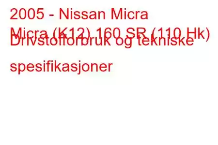 2005 - Nissan Micra
Micra (K12) 160 SR (110 Hk) Drivstofforbruk og tekniske spesifikasjoner