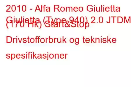 2010 - Alfa Romeo Giulietta
Giulietta (Type 940) 2.0 JTDM (170 Hk) Start&Stop Drivstofforbruk og tekniske spesifikasjoner