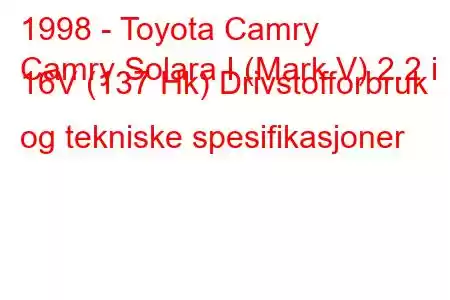 1998 - Toyota Camry
Camry Solara I (Mark V) 2.2 i 16V (137 Hk) Drivstofforbruk og tekniske spesifikasjoner