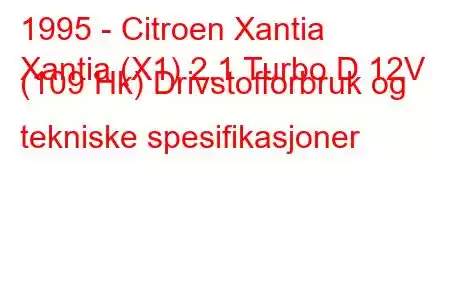 1995 - Citroen Xantia
Xantia (X1) 2.1 Turbo D 12V (109 Hk) Drivstofforbruk og tekniske spesifikasjoner