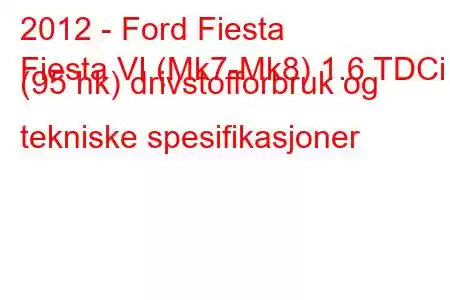 2012 - Ford Fiesta
Fiesta VI (Mk7-Mk8) 1.6 TDCi (95 hk) drivstofforbruk og tekniske spesifikasjoner