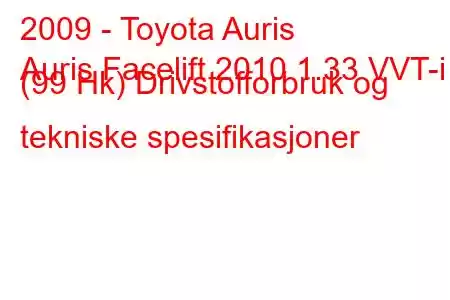 2009 - Toyota Auris
Auris Facelift 2010 1.33 VVT-i (99 Hk) Drivstofforbruk og tekniske spesifikasjoner