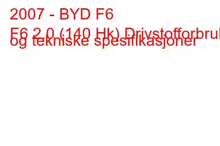 2007 - BYD F6
F6 2.0 (140 Hk) Drivstofforbruk og tekniske spesifikasjoner