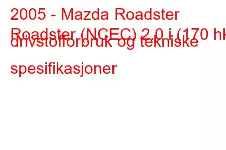 2005 - Mazda Roadster
Roadster (NCEC) 2.0 i (170 hk) drivstofforbruk og tekniske spesifikasjoner