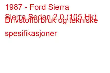 1987 - Ford Sierra
Sierra Sedan 2.0 (105 Hk) Drivstofforbruk og tekniske spesifikasjoner