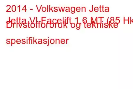 2014 - Volkswagen Jetta
Jetta VI Facelift 1,6 MT (85 Hk) Drivstofforbruk og tekniske spesifikasjoner