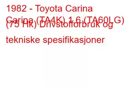 1982 - Toyota Carina
Carina (TA4K) 1.6 (TA60LG) (75 Hk) Drivstofforbruk og tekniske spesifikasjoner