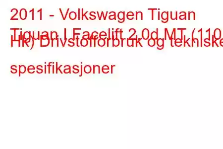 2011 - Volkswagen Tiguan
Tiguan I Facelift 2.0d MT (110 Hk) Drivstofforbruk og tekniske spesifikasjoner