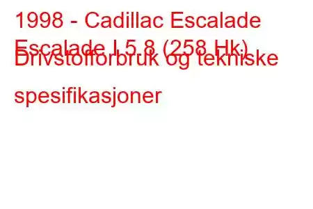 1998 - Cadillac Escalade
Escalade I 5.8 (258 Hk) Drivstofforbruk og tekniske spesifikasjoner