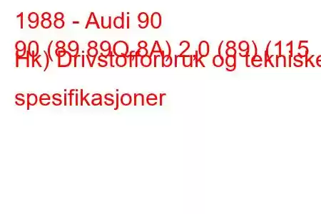 1988 - Audi 90
90 (89,89Q,8A) 2,0 (89) (115 Hk) Drivstofforbruk og tekniske spesifikasjoner