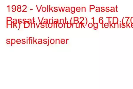 1982 - Volkswagen Passat
Passat Variant (B2) 1.6 TD (70 Hk) Drivstofforbruk og tekniske spesifikasjoner