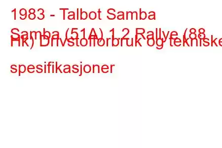 1983 - Talbot Samba
Samba (51A) 1.2 Rallye (88 Hk) Drivstofforbruk og tekniske spesifikasjoner