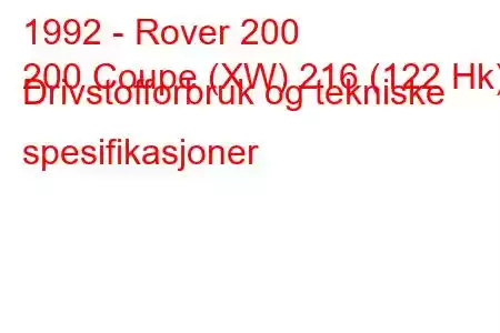 1992 - Rover 200
200 Coupe (XW) 216 (122 Hk) Drivstofforbruk og tekniske spesifikasjoner