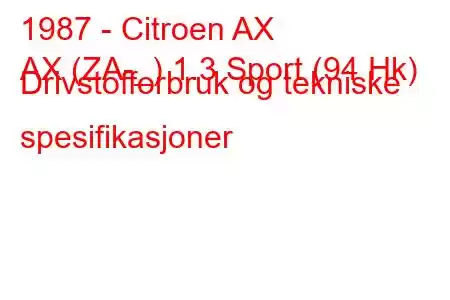 1987 - Citroen AX
AX (ZA-_) 1.3 Sport (94 Hk) Drivstofforbruk og tekniske spesifikasjoner