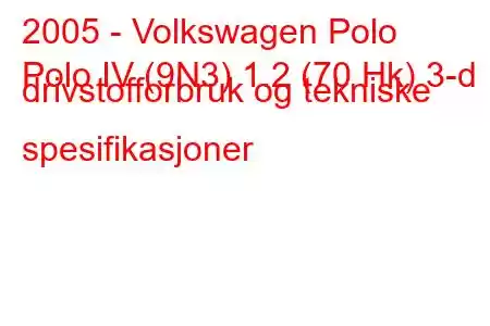 2005 - Volkswagen Polo
Polo IV (9N3) 1.2 (70 Hk) 3-d drivstofforbruk og tekniske spesifikasjoner