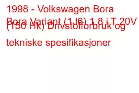 1998 - Volkswagen Bora
Bora Variant (1J6) 1,8 i T 20V (150 Hk) Drivstofforbruk og tekniske spesifikasjoner