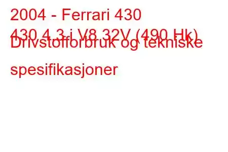 2004 - Ferrari 430
430 4.3 i V8 32V (490 Hk) Drivstofforbruk og tekniske spesifikasjoner