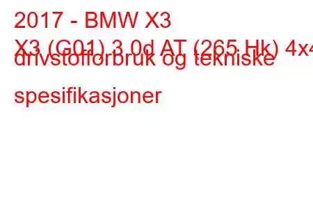 2017 - BMW X3
X3 (G01) 3.0d AT (265 Hk) 4x4 drivstofforbruk og tekniske spesifikasjoner