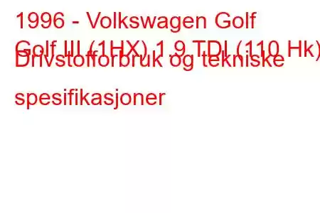 1996 - Volkswagen Golf
Golf III (1HX) 1.9 TDI (110 Hk) Drivstofforbruk og tekniske spesifikasjoner